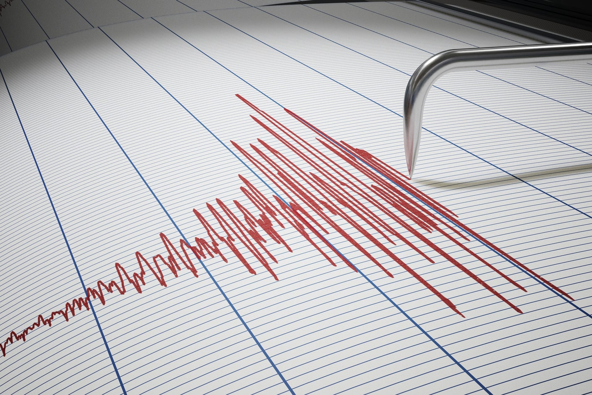 Die Nadel eines Seismografen: Der Seismograph ist ein Gerät, das Wellen und Schwingungen des Bodens aufzeichnet, die bei Erdbeben entstehen