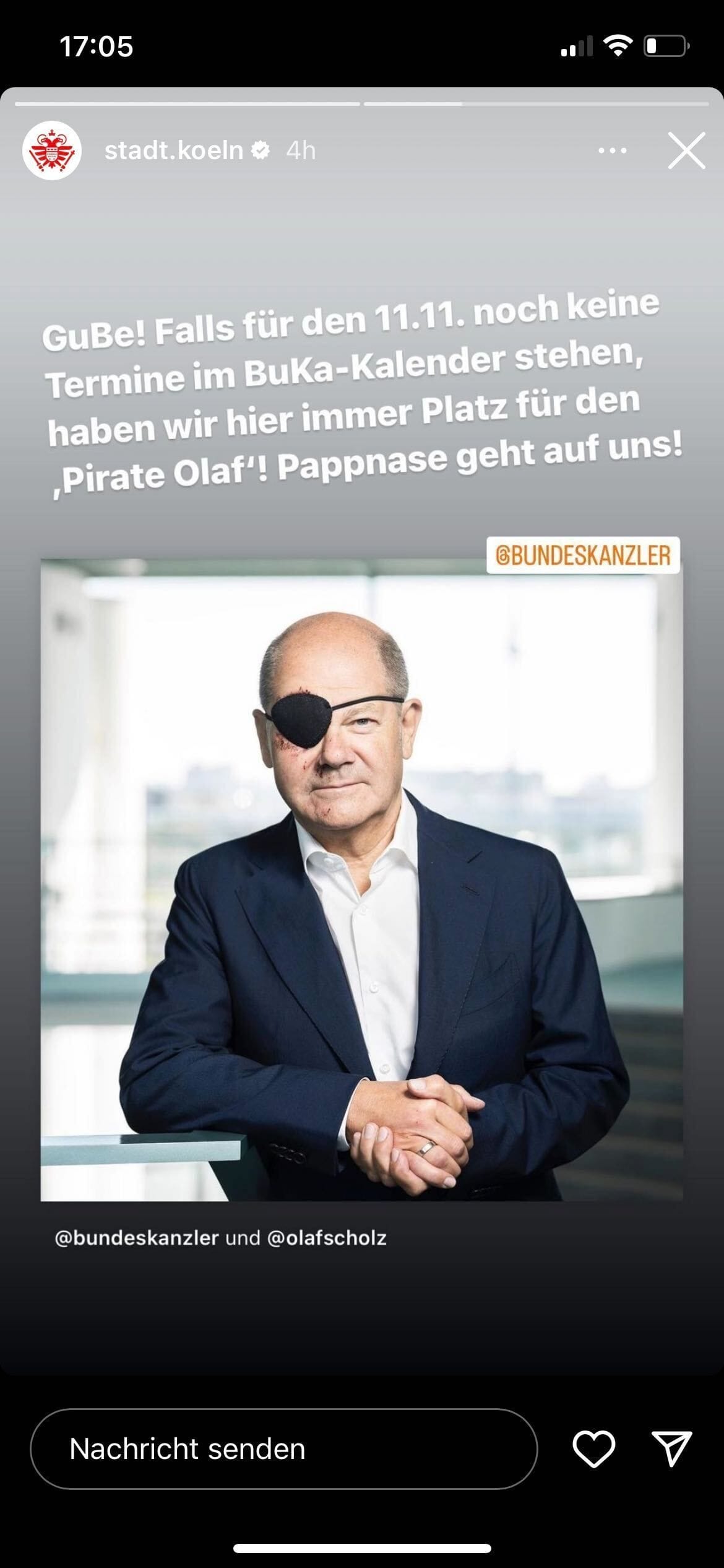 Post der Stadt Köln auf Instagram über Kanzler Olaf Scholz mit Augenklappe