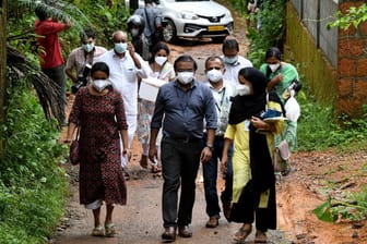 Mitglieder eines Ärzteteams sind in Kerala in Indien unterwegs. Sie sammeln nach einem Nipahvirus-Ausbruch Proben von Früchten.