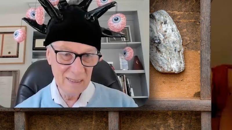 Laudator Rich Roberts (l) bei der virtuellen Preisvergabe für die Ig-Nobelpreise an den Gewinner in der Kategorie "Chemie und Geologie" Jan Zalasiewicz, der an einem Stein leckt.