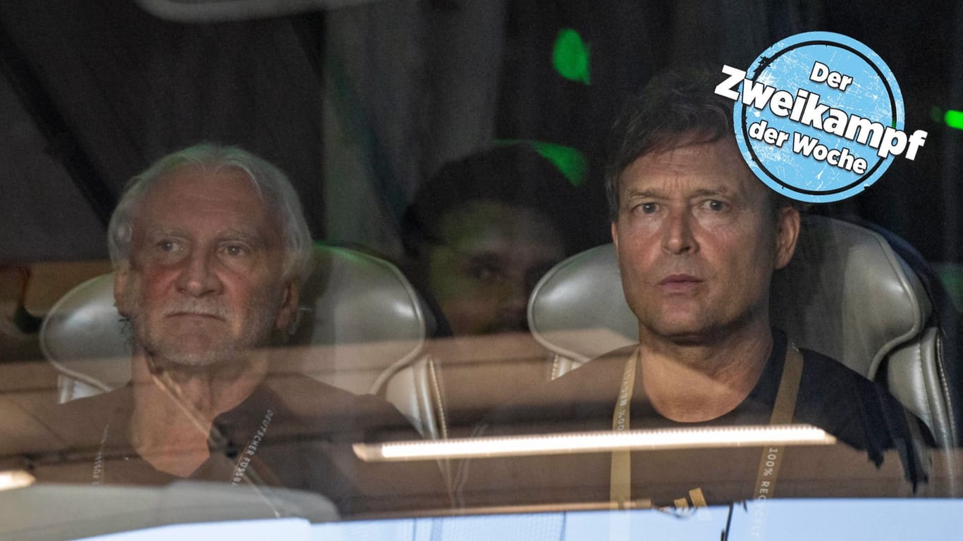 Zuversicht sieht anders aus: Sportdirektor Rudi Völler (l.) und Co-Trainer Marcus Sorg vor dem Länderspiel in Wolfsburg im Mannschaftsbus.