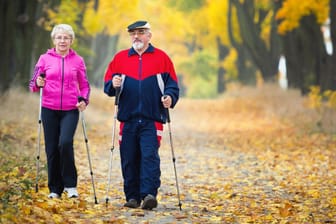 Mann und Frau höheren Alters beim Nordic Walking