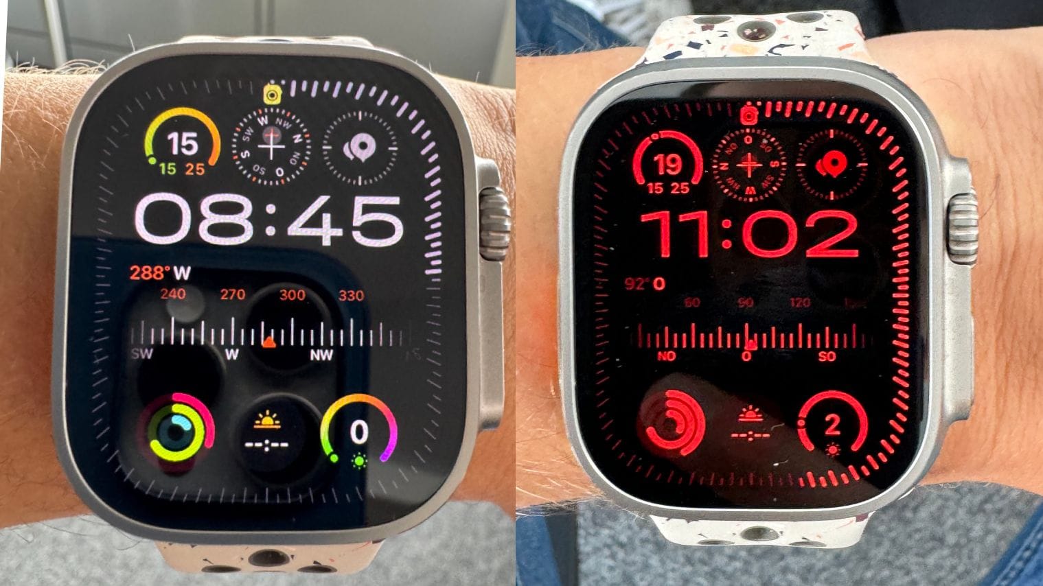 Die neue Apple Watch Ultra 2 mit dem Modular Watchface im normalen Modus (links) und im Nachtmodus.