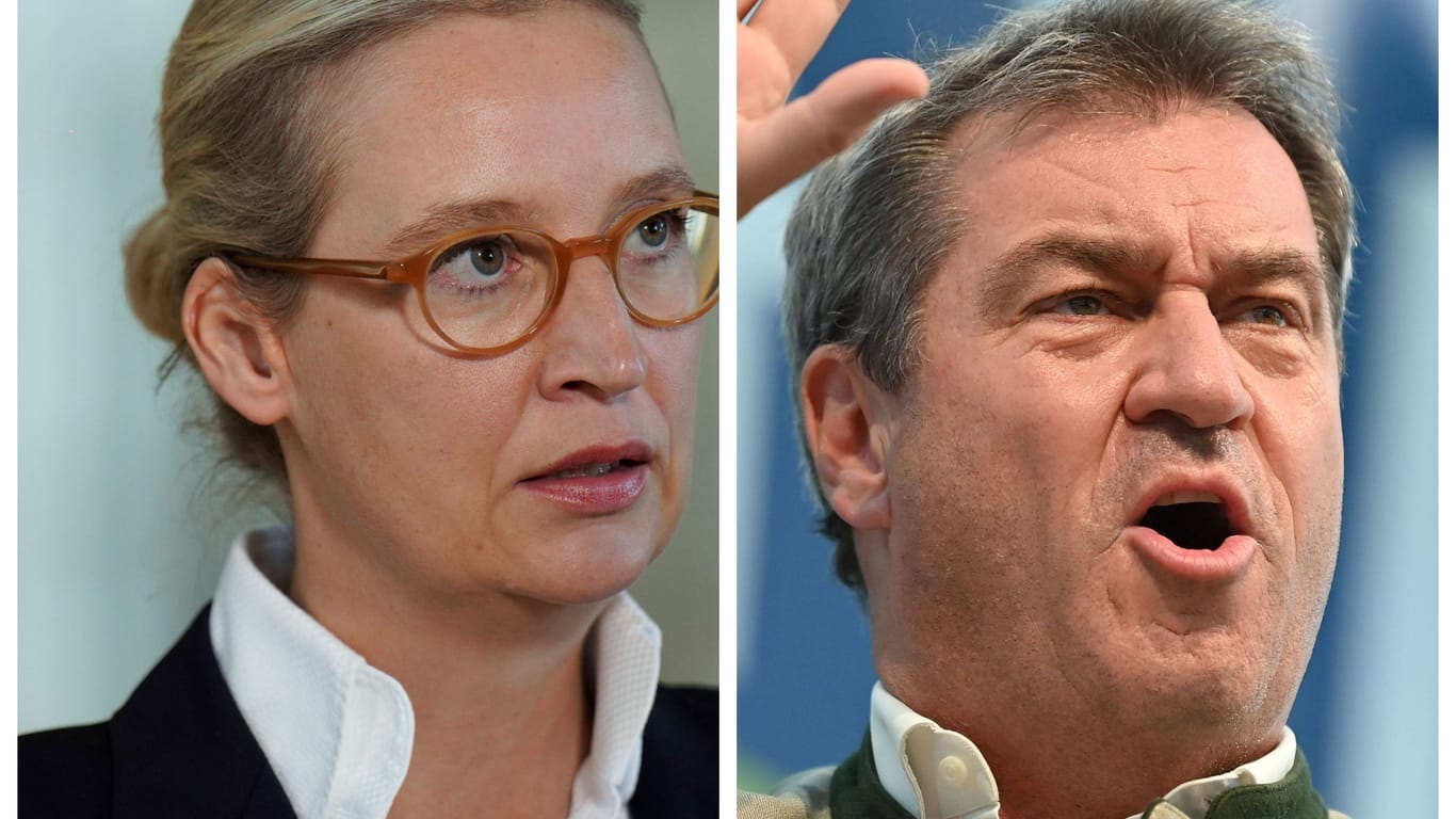 Alice Weidel von der AfD und Markus Söder von der CSU: Ihre Parteien haben laut Wahl-O-Mat in Bayern Übereinstimmungswerte von deutlich mehr als 70 %.