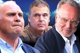 Die Bayern-Granden Uli Hoeneß (li.) und Karl-Heinz Rummenigge (re.) sowie der neue DFB-Geschäftsführer Andreas Rettig: Das Konfliktpotenzial zwischen den Parteien ist groß.