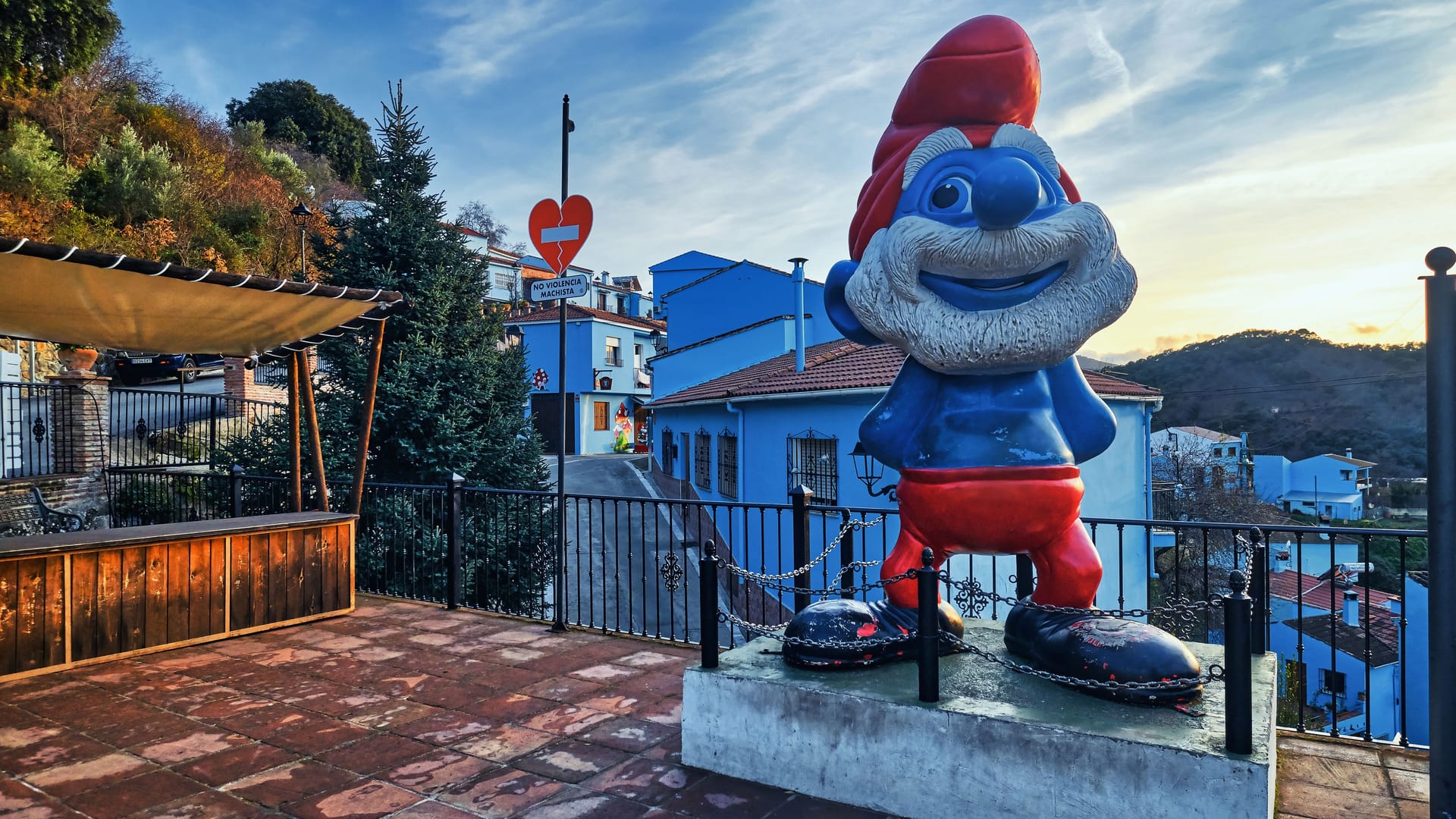 Picturesque hillside famous Juzcar town or Smurfs Village. Spain