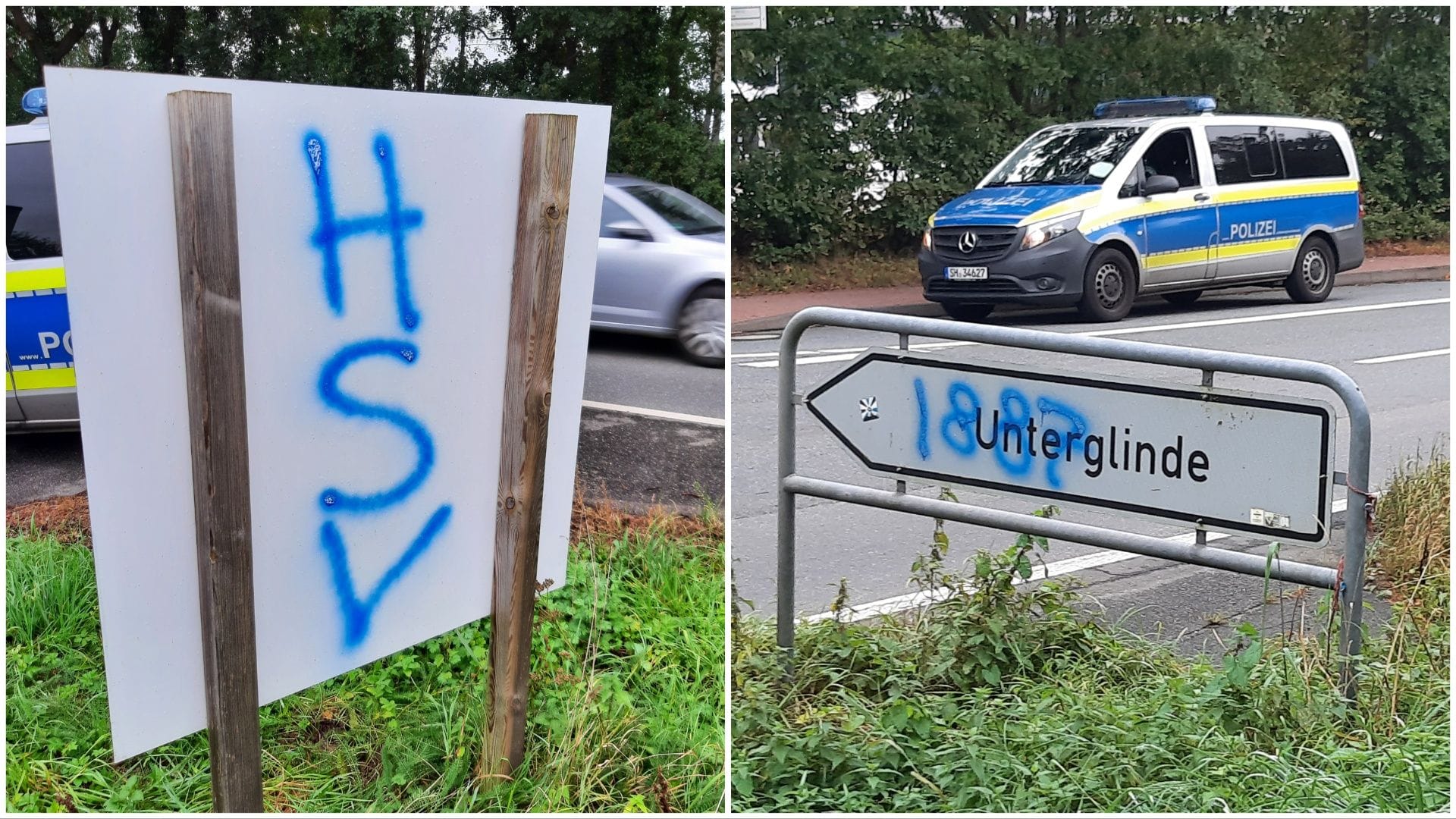 "HSV" und "1887" steht auf Straßenschildern in Appen: In der Gemeinde waren unbefugte Sprayer am Werk.