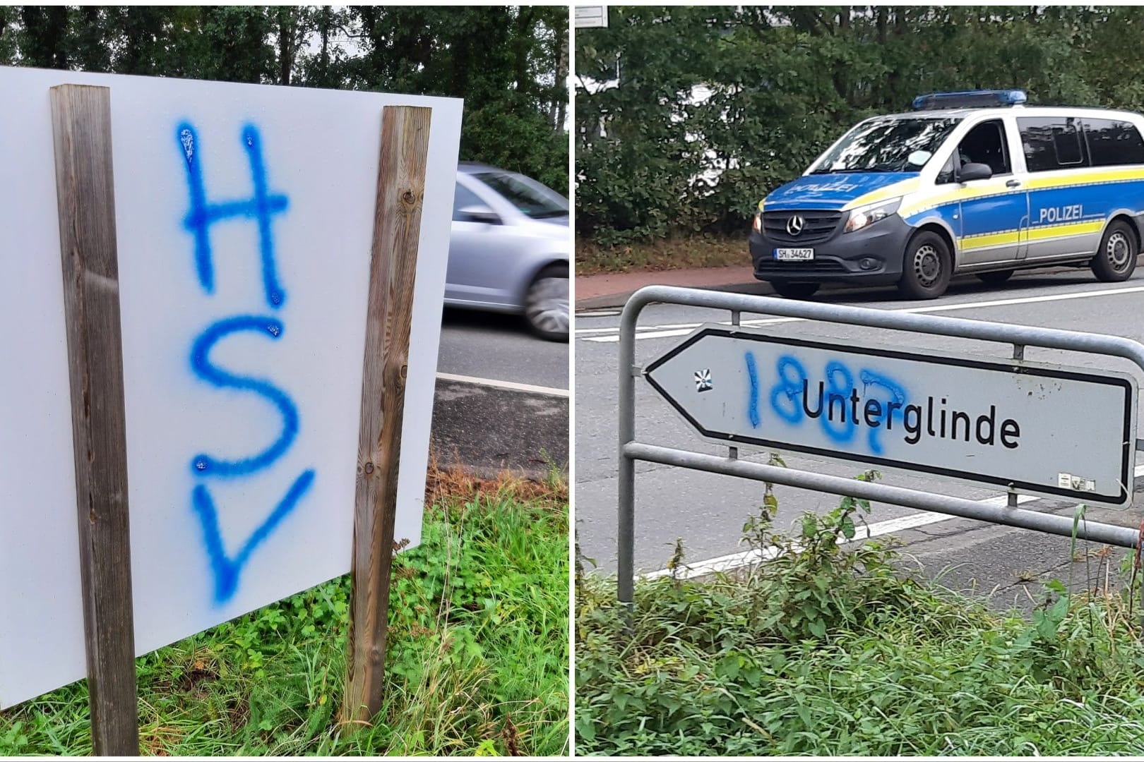 "HSV" und "1887" steht auf Straßenschildern in Appen: In der Gemeinde waren unbefugte Sprayer am Werk.