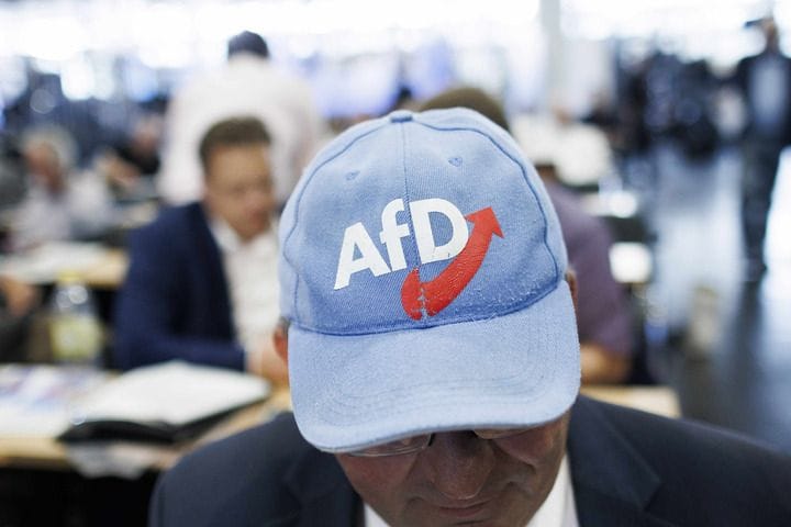 Ein Delegierter aus Bayern trägt ein Basecap mit dem AfD-Logo bei dem AfD-Bundesparteitag in der Magdeburger Messe.