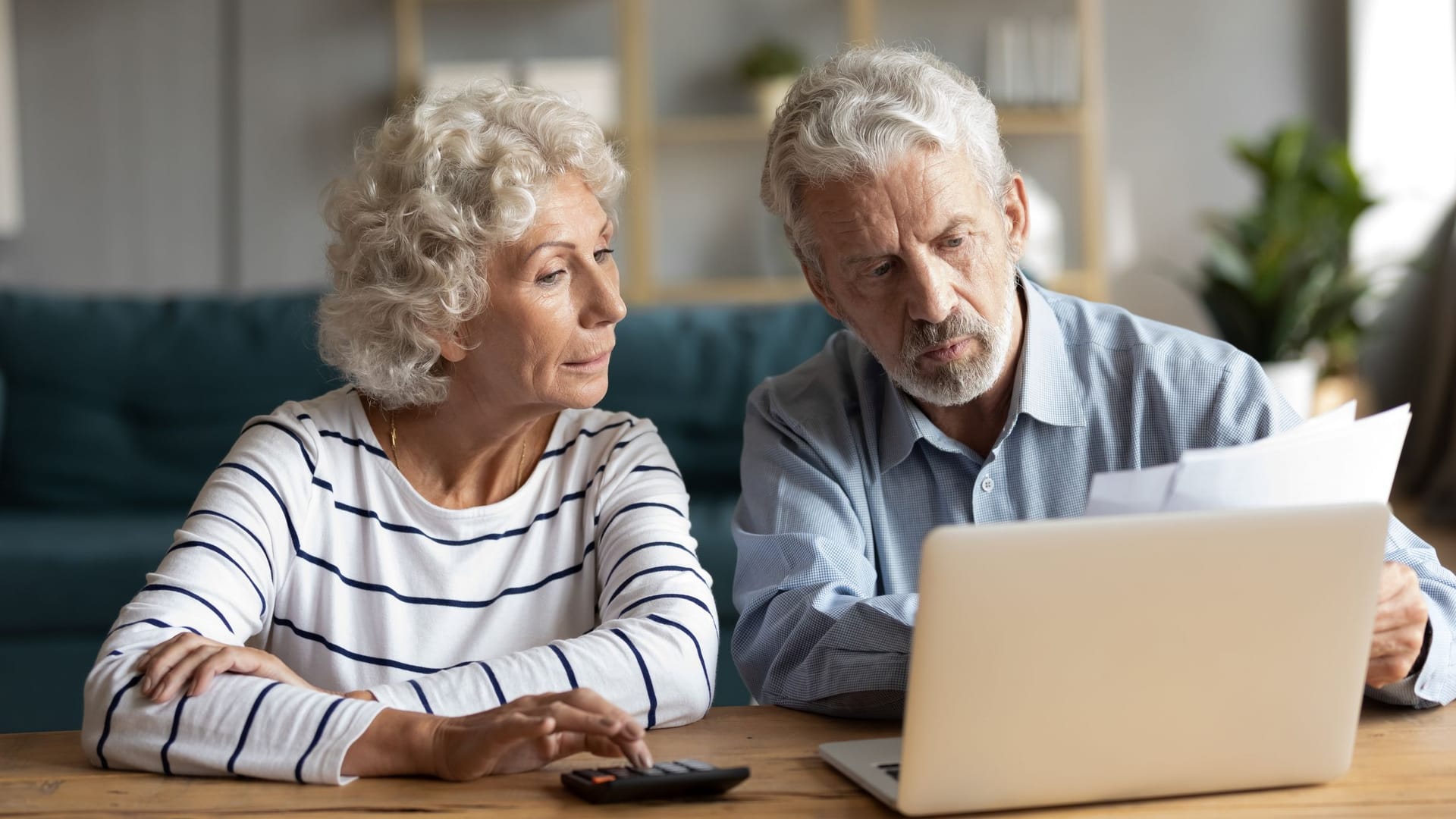 Focused middle aged retired family couple managing monthly budget, involved in financial paperwork, paying taxes online using e-banking computer application or calculating expenses together at home.