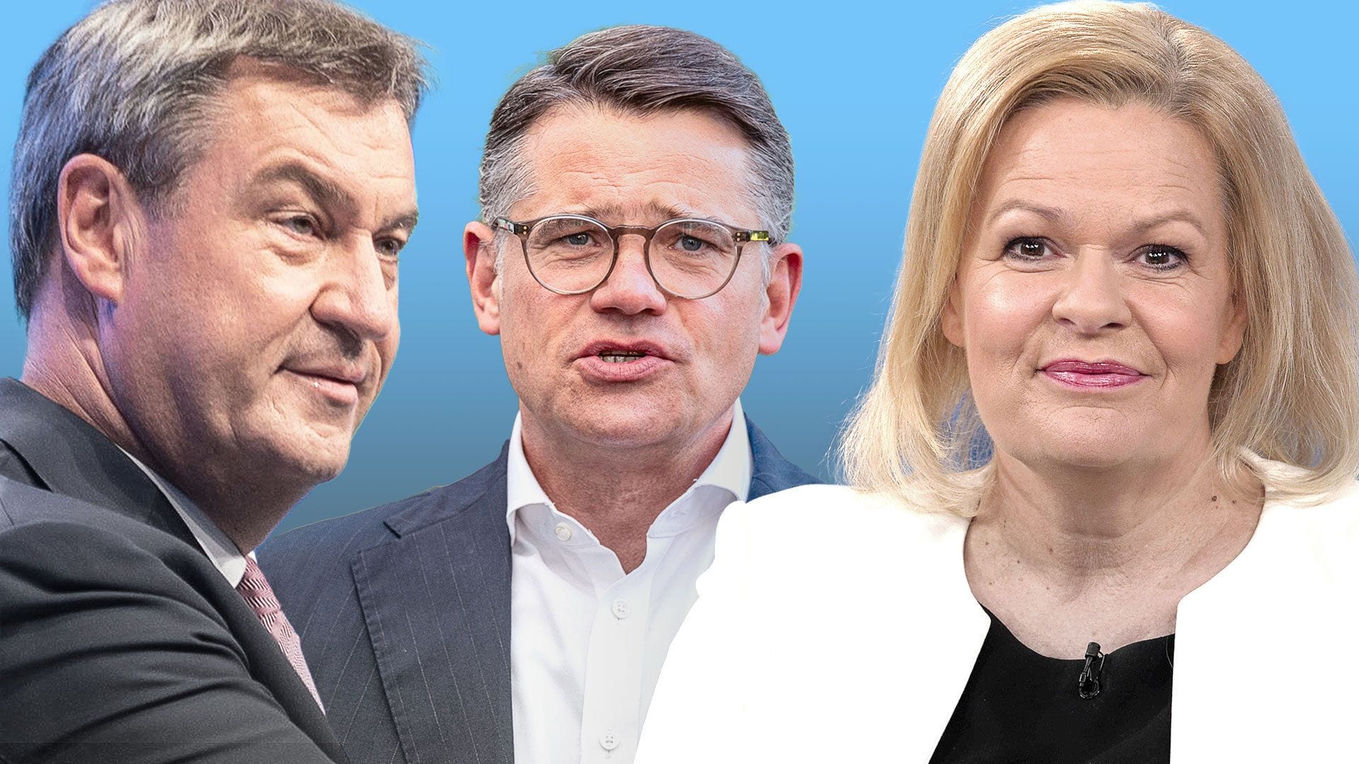 Markus Söder, Boris Rhein und Nancy Faeser: Die Politiker treten bei den Landtagswahlen in Bayern und in Hessen als Spitzenkandidaten an.