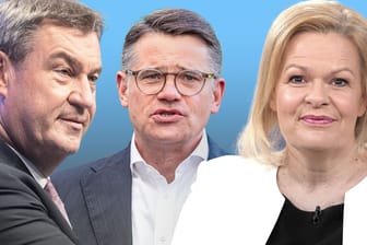 Markus Söder, Boris Rhein und Nancy Faeser: Die Politiker treten bei den Landtagswahlen in Bayern und in Hessen als Spitzenkandidaten an.