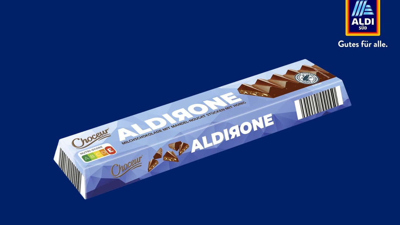 Die Aldirone von Aldi Süd. Name und Form der Schokolade erinnern stark an die Toblerone.