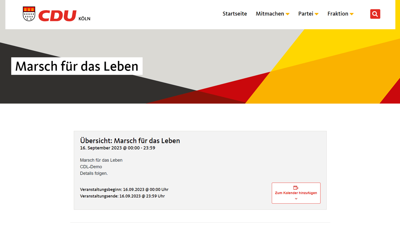 Der Stein des Anstoßes: Die Terminankündigung auf der Website der Kölner CDU.