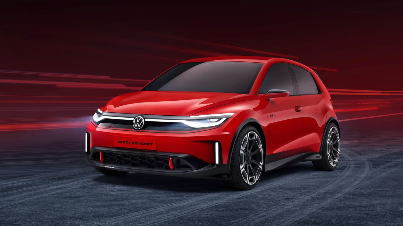 Volkswagen ID. GTI Die Frontpartie: Rot eingefasster Kühlergrill, sportliche Felgen und Stoßfänger.Concept