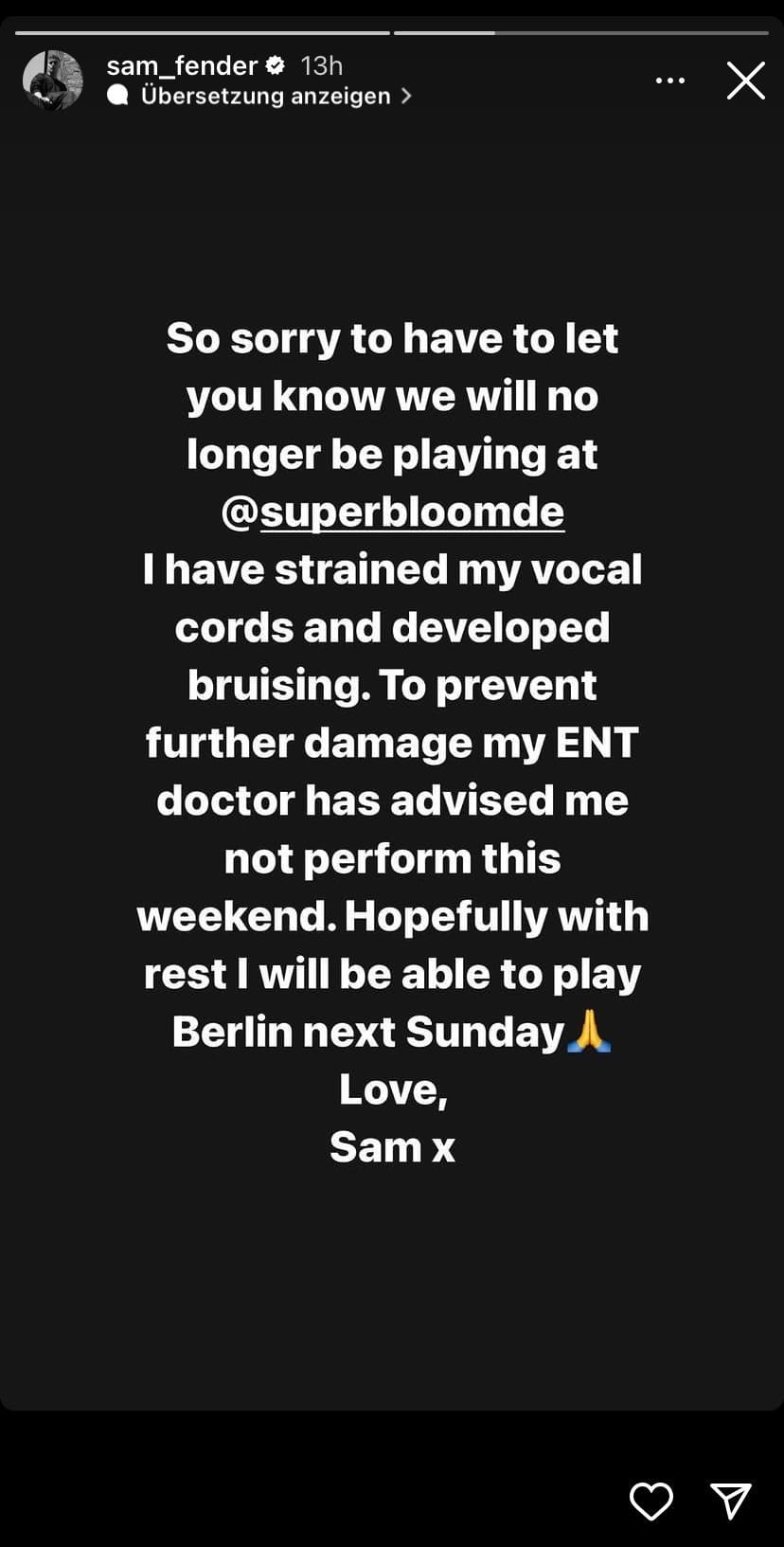 Ein Ausschnitt aus der Instagram-Story von Sam Fender: Der Musiker machte seine Absage auch über Social Media bekannt.