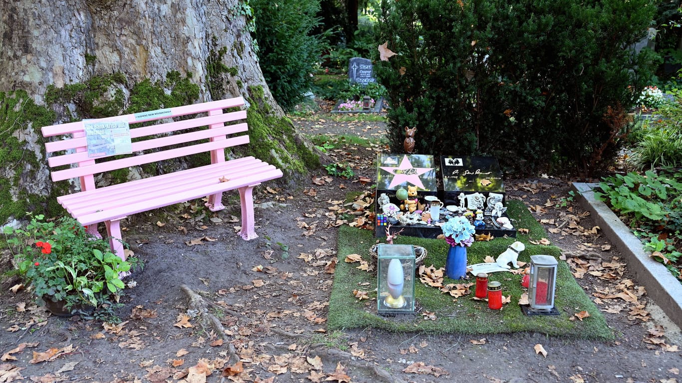 Die rosa Bank am Grab von Dirk Bach (Archivfoto): Seit Jahren kommen zahlreiche Fans zum Grab des Entertainers auf den Kölner Friedhof.