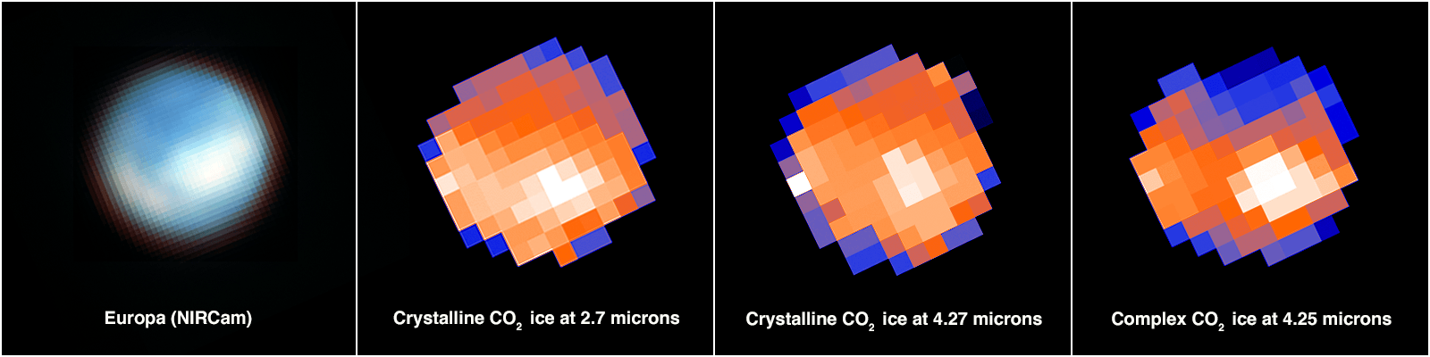 In den Karten entsprechen die weißen Pixel dem Kohlendioxid in der Tara Regio (Mitte und rechts), mit zusätzlichen Konzentrationen in Teilen der Chaos-Region Powys Regio (links). Die zweite und dritte Tafel zeigen Anzeichen für kristallines Kohlendioxid, während die vierte Tafel eine komplexierte und amorphe Form von Kohlendioxid anzeigt.