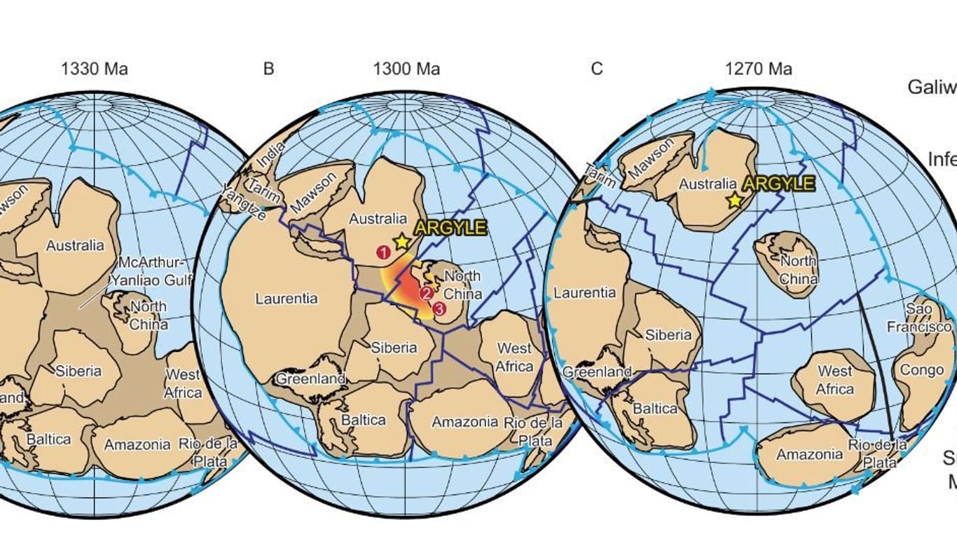Diese Rekonstruktion zeigt das Zerbrechen des Nuna-Superkontinents und die Position Argyles.