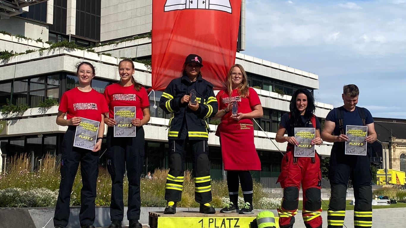 In Hamburg holte sich Jasmin Bohun (3.v.l.) den 1. Platz zusammen mit Stefanie Reich (4.v.l.) vom Feuerwehrsportteam Rheinland.