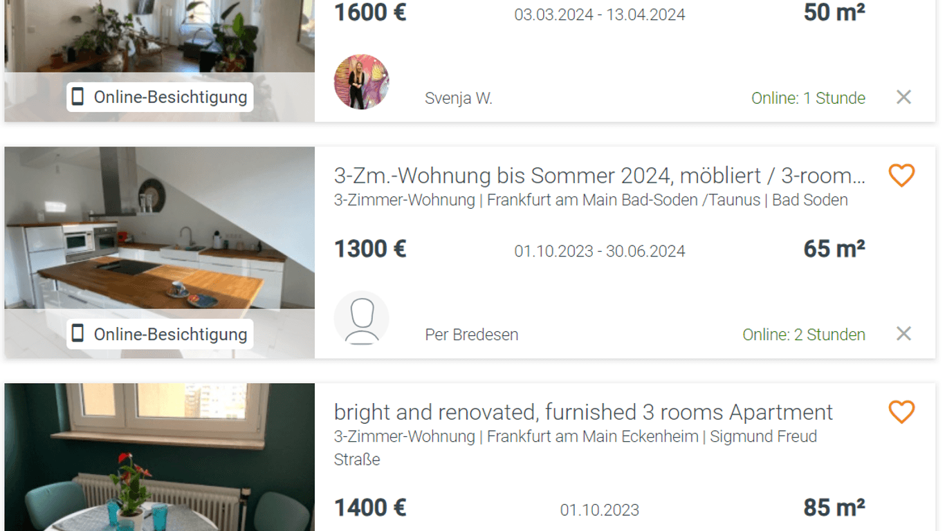 Wohnungsanzeigen bei wg-gesucht.de: Drei Wohnungen mit einer Mietkostenhöhe von mindestens 1300 Euro werden bei der Suche vorgeschlafen.