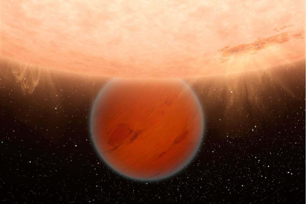 Darstellung eines riesigen Exoplaneten in der Nähe einer Sonne.