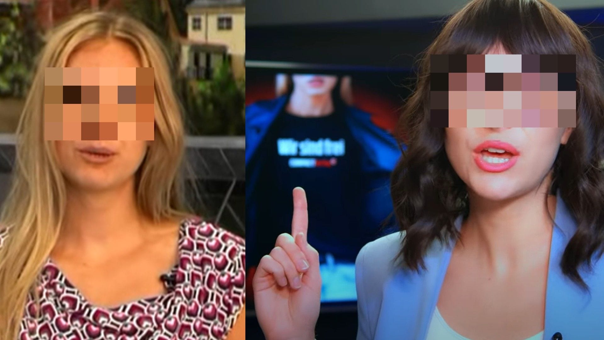 Links ohne, rechts mit Perücke: Elisa W. moderierte auch bei einem Brandenburger Lokal-Sender; für ihre Arbeit bei Compact-TV benutzte sie falschen Namen und Kostümierung.