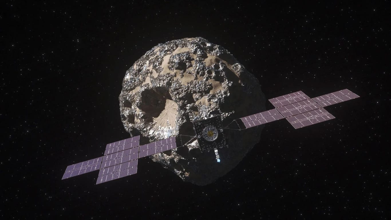 Asteroid "Psyche" und Nasa-Sonde (künstlerische Darstellung): Im August 2029 sollen beide Objekte aufeinandertreffen.