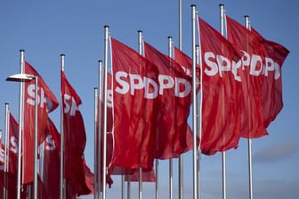 Flaggen der SPD im Wind (Symbolfoto): Unter den Genossen geht es manchmal stürmisch zu.