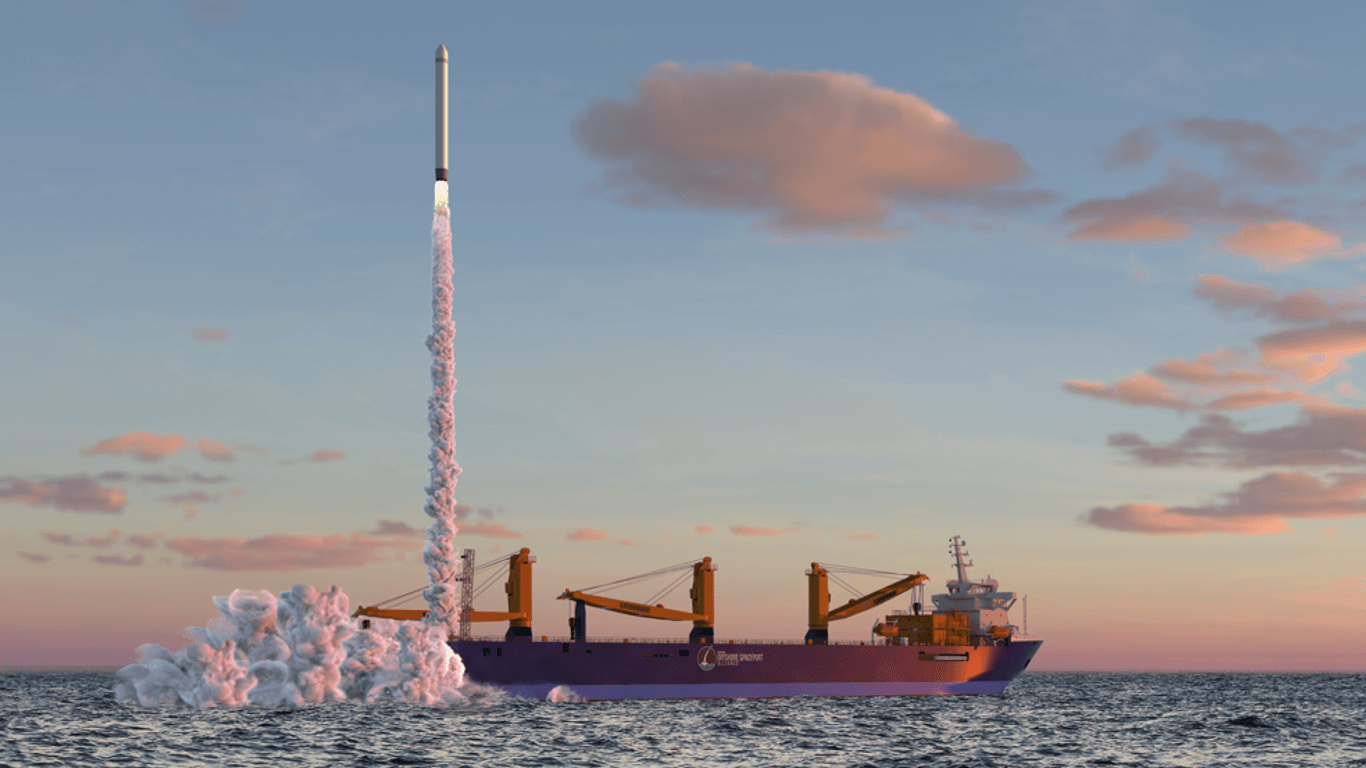 Visualisierung des Startvorgangs: Etwa 350 Kilometer von der Nordseeküste entfernt, sollen die Raketen ab 2024 Richtung Himmel fliegen.