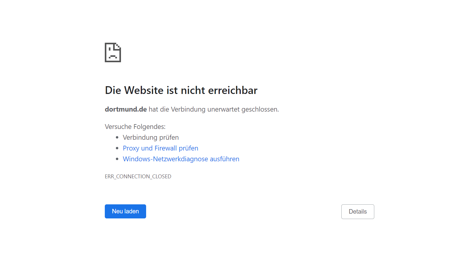 Fehlermeldung: Aktuell ist die Seite der Stadt Dortmund nicht erreichbar.