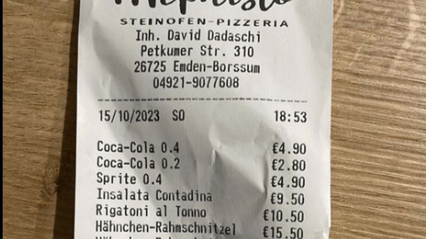 Der Kassenzettel zeigt die einzelnen Gerichte und Getränke: Über ein Schnitzel für 15,50 Euro gibt es ganz unterschiedliche Ansichten.