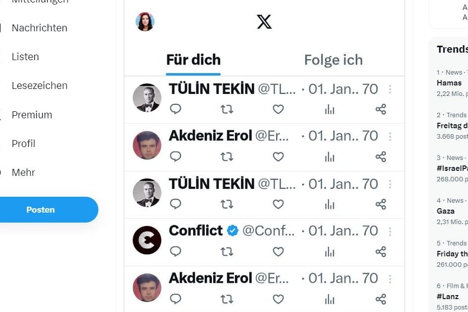 Kein Inhalt, dafür ein sonderbares Datum: Auf X tauchten am Freitag zahlreiche Tweets "aus der Vergangenheit" auf.