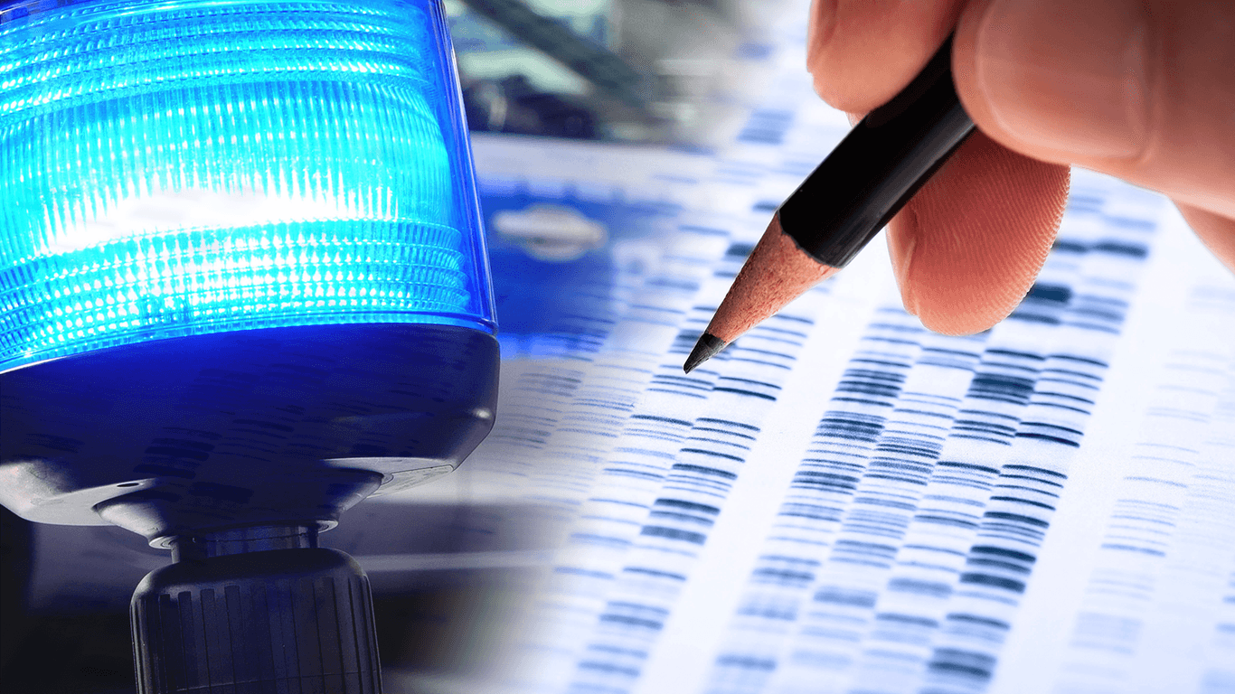Genetischer Fingerabdruck auf Papier und ein Blaulicht der Polizei