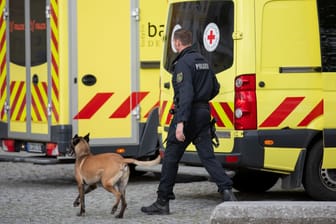 Polizist läuft mit Hund vor Krankenwägen: Drohungen gegen eine Schule in Sachsen haben den Sprengstoffspürhund auf den Plan gerufen.