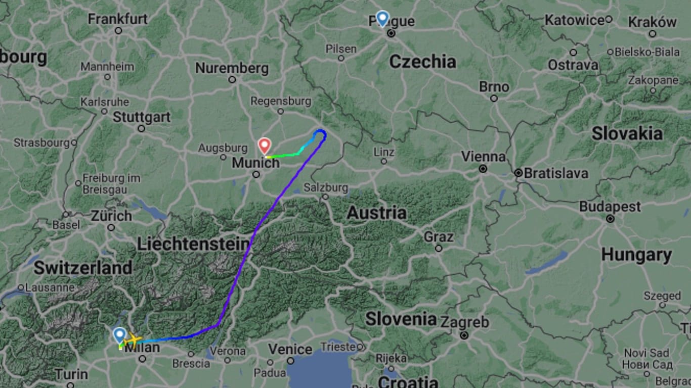 Die Route der Easyjet-Maschine: Prag wäre gar nicht mehr viel weiter als München entfernt gewesen.