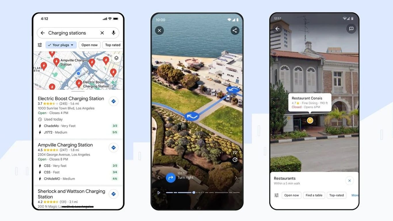 Neue Funktionen für Google Maps: Dank künftiger Updates werden Nutzern unter anderem bald Ladesäulen für Elektroautos und eine virtuelle Routenplanung angezeigt.