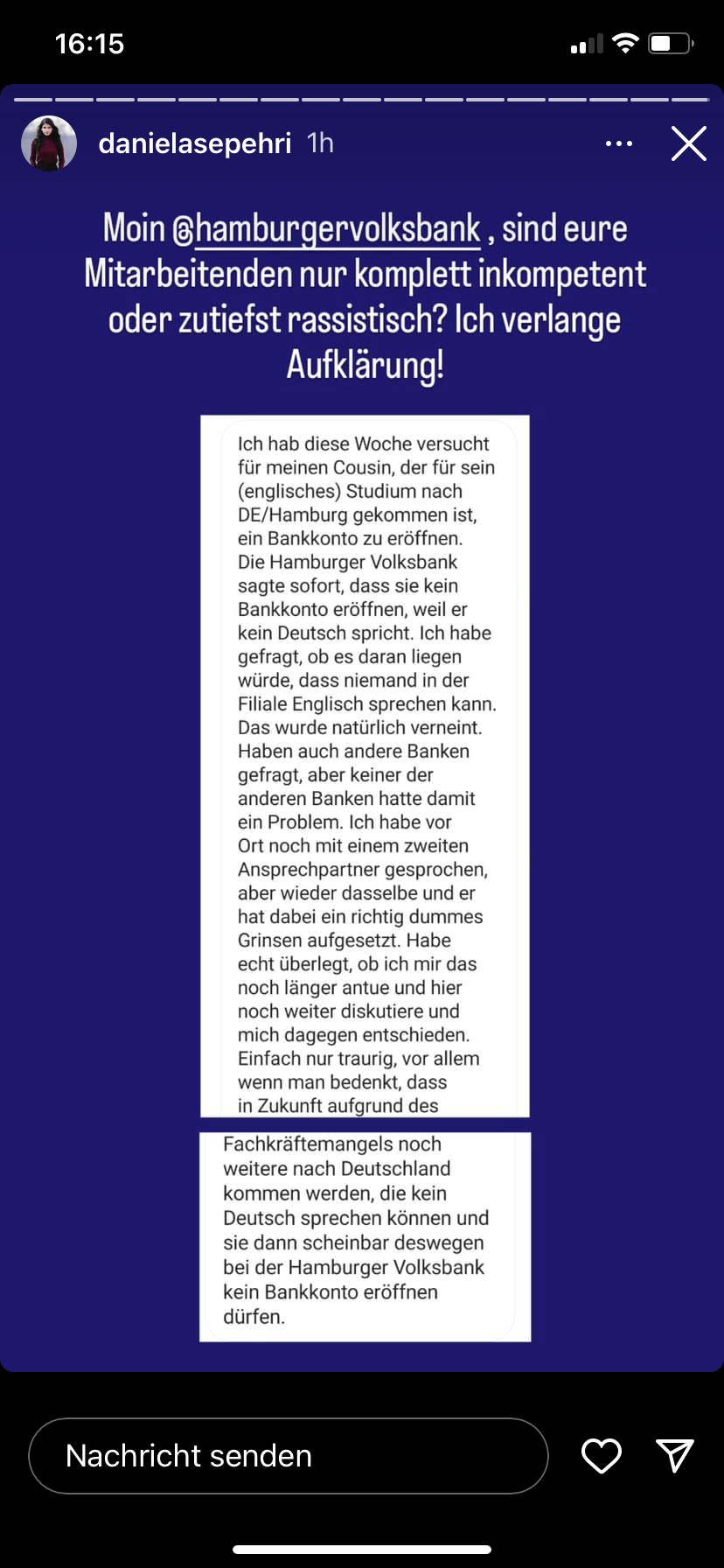 Die Erfahrung von P. hat Menschenrechtsaktivistin Daniela Sepehri auf Instagram geteilt: Erst danach reagierte die Hamburger Volksbank.