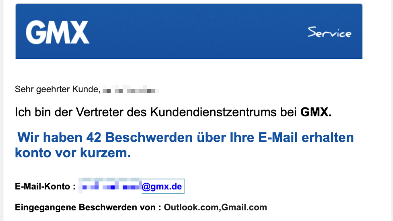 Screenshot einer aktuellen Phishingmail bei Nutzern von GMX.