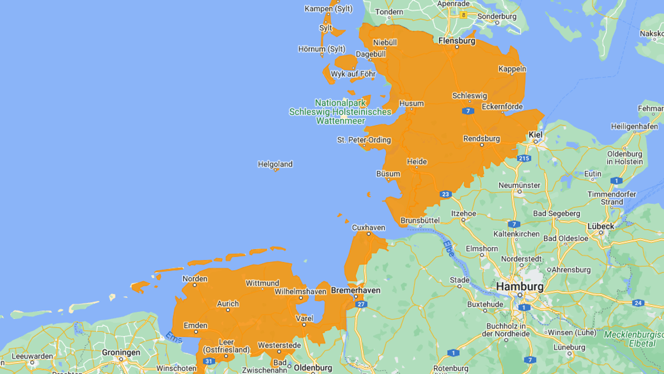 Das orange-markierte Gebiet in Norddeutschland ist von der Sturmböen-Warnung betroffen.