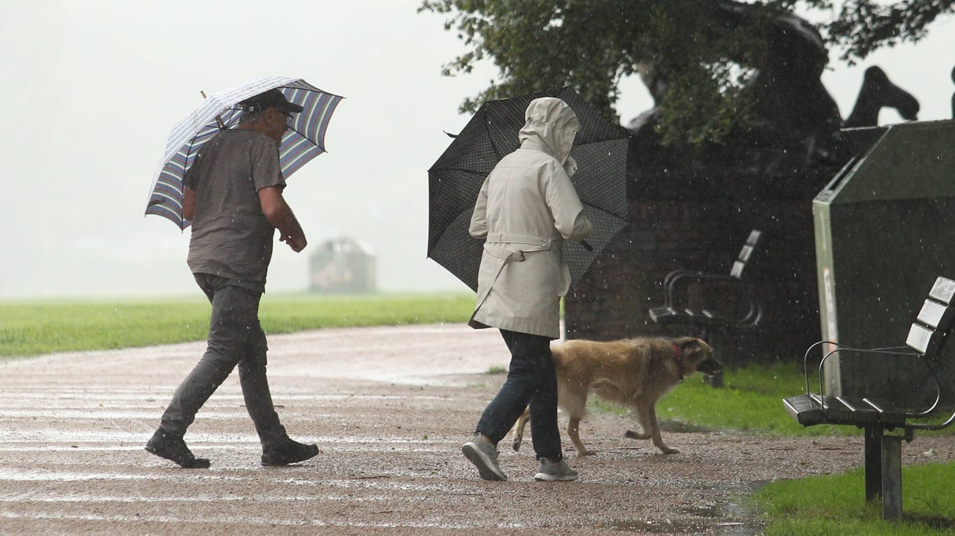 Zwei Personen bei Regen und Wind (Archivbild): Rund um Hamburg ist am Feiertag mit Sturm zu rechnen.
