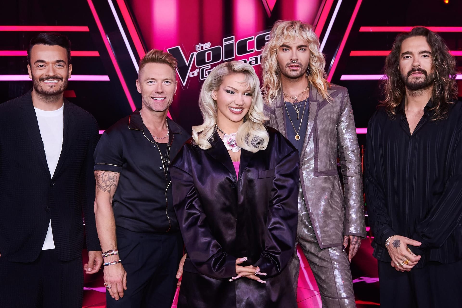 Die "Voice of Germany"-Coaches: Giovanni Zarrella, Ronan Keating, Shirin David, Bill und Tom Kaulitz.