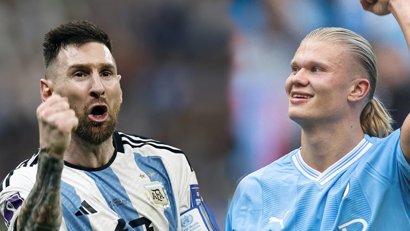 Ganz weit vorne: Lionel Messi (li.) und Erling Haaland sind Topfavoriten auf den Ballon d'Or.