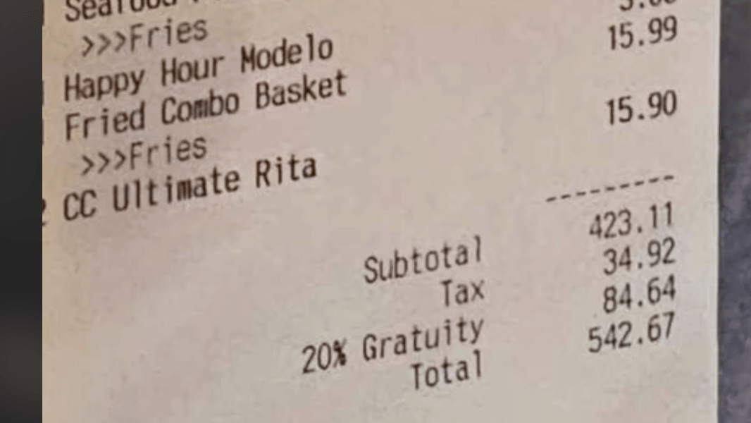 Die Rechnung zeigt ein Trinkgeld in Höhe von 20 Prozent.