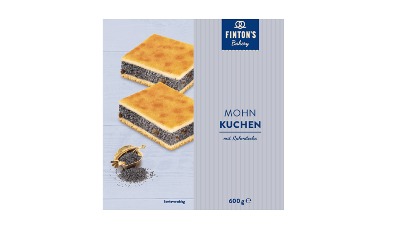 Ansicht der Verpackung: Finton's Bakery Mohnkuchen wird zurückgerufen.