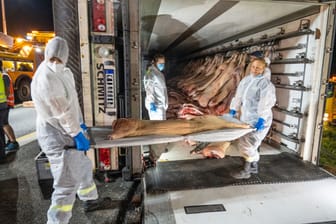 Ein mit 15 Tonnen Schweinehälften beladender Lastwagen ist auf der A3 in Mittelfranken umgekippt.