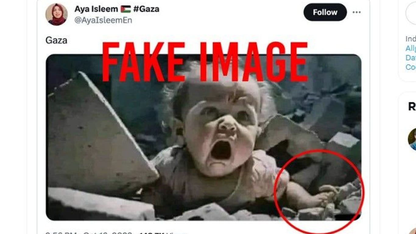 Geteilter Beitrag auf X (vormals Twitter): Das Foto soll angeblich ein Baby in Gaza zeigen – es wurde aber von künstlicher Intelligenz erstellt.