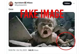 Geteilter Beitrag auf X (vormals Twitter): Das Foto soll angeblich ein Baby in Gaza zeigen – es wurde aber von künstlicher Intelligenz erstellt.