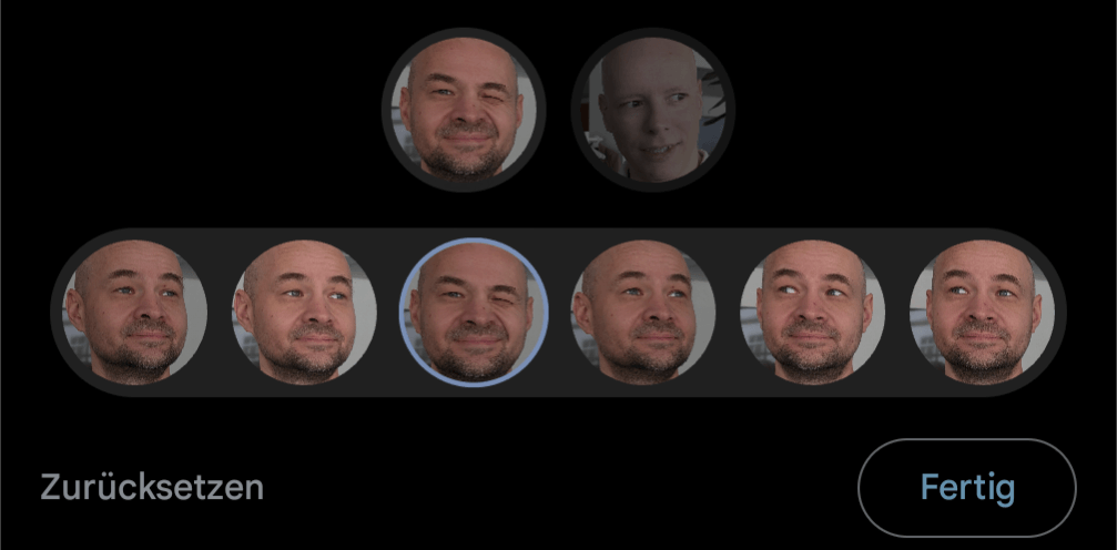Das Pixel 8 bietet unterhalb des Bildes jeweils alle erkannten Varianten der Gesichter an, die dann oben im Bild direkt eingebaut werden.