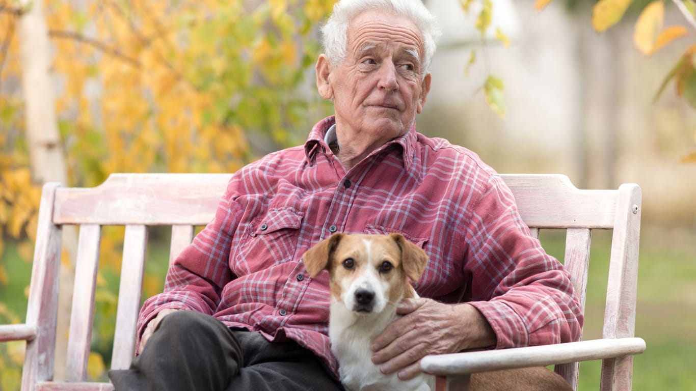 Rentner sitzt mit seinem Hund auf einer Gartenbank